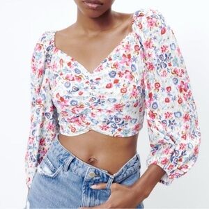 Zara floral tie back linen blend top, medium